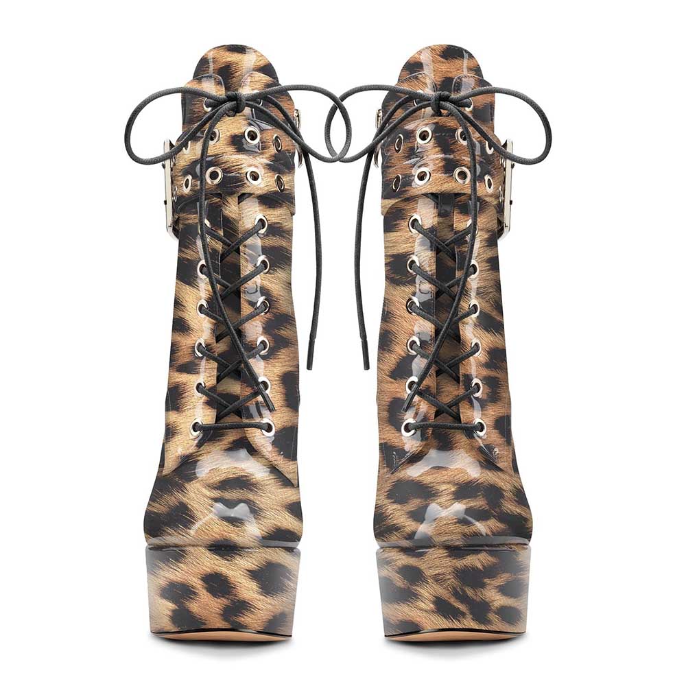 Leopard print ankle boots for women with platform heels and black laces