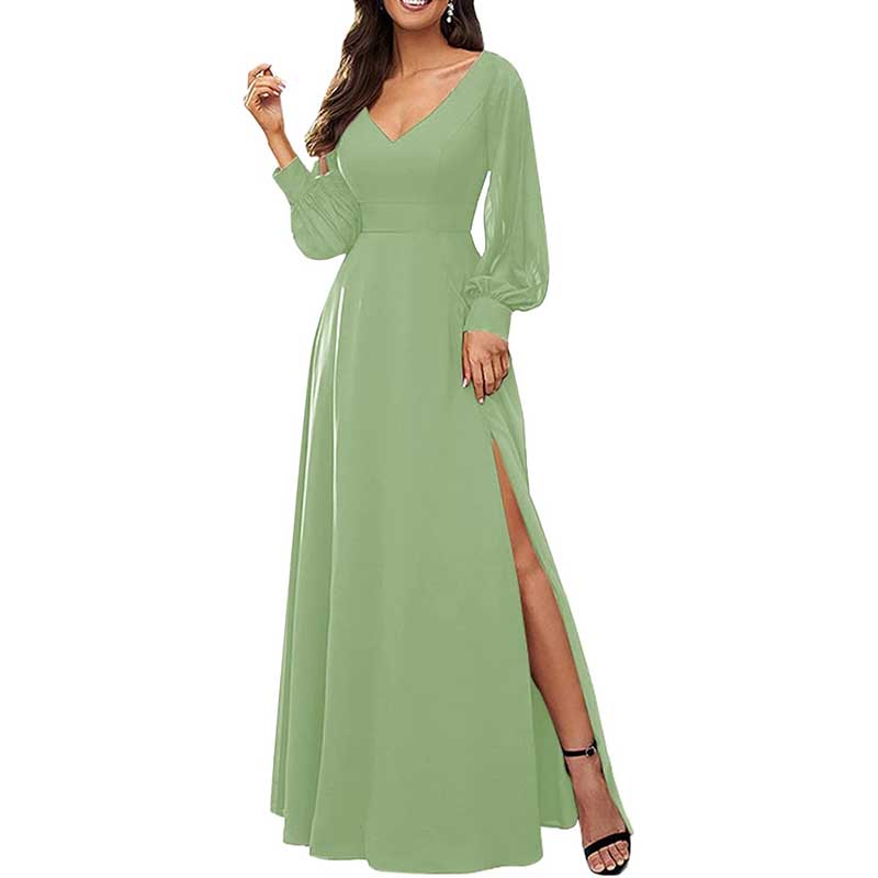 Long Bridesmaid Dresses Long Sleeve V Neck Wedding Guest Dresses