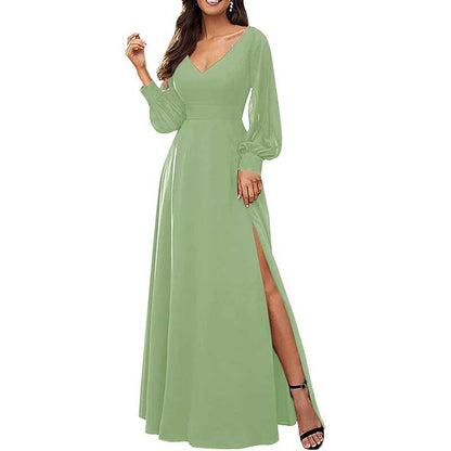 Long Bridesmaid Dresses Long Sleeve V Neck Wedding Guest Dresses