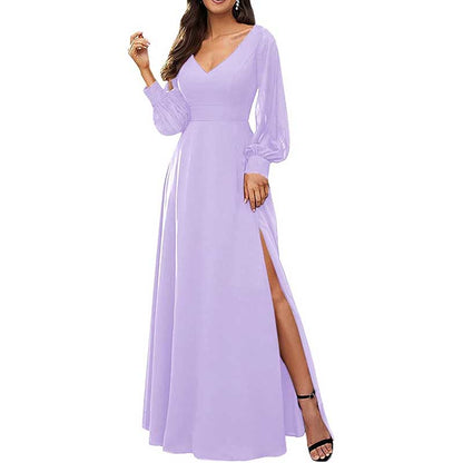 Long Bridesmaid Dresses Long Sleeve V Neck Wedding Guest Dresses