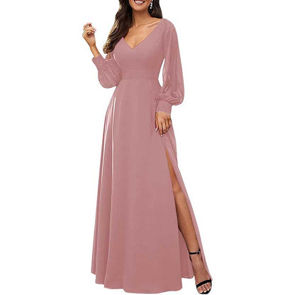 Long Bridesmaid Dresses Long Sleeve V Neck Wedding Guest Dresses