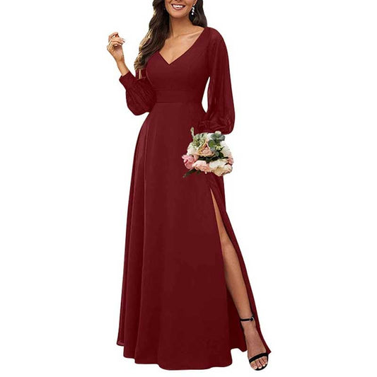 Long Bridesmaid Dresses Long Sleeve V Neck Wedding Guest Dresses