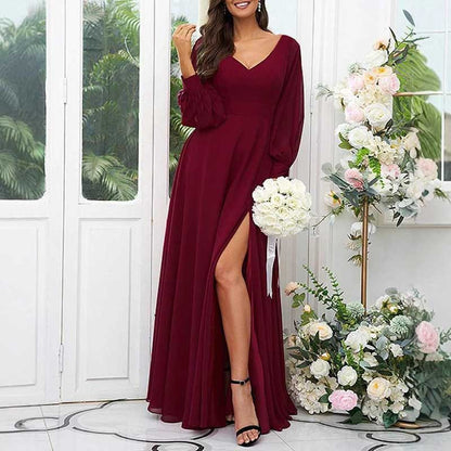 Long Bridesmaid Dresses Long Sleeve V Neck Wedding Guest Dresses