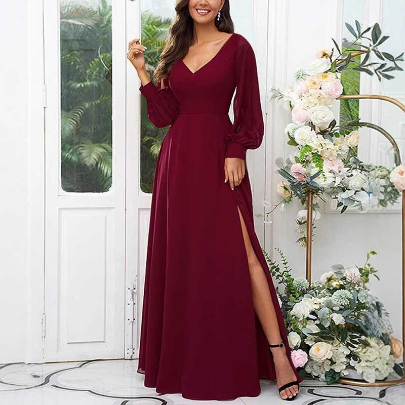 Long Bridesmaid Dresses Long Sleeve V Neck Wedding Guest Dresses