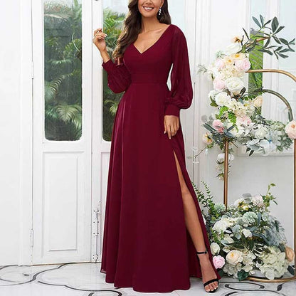 Long Bridesmaid Dresses Long Sleeve V Neck Wedding Guest Dresses