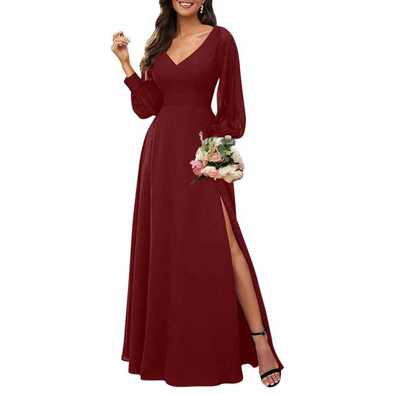 Long Bridesmaid Dresses Long Sleeve V Neck Wedding Guest Dresses