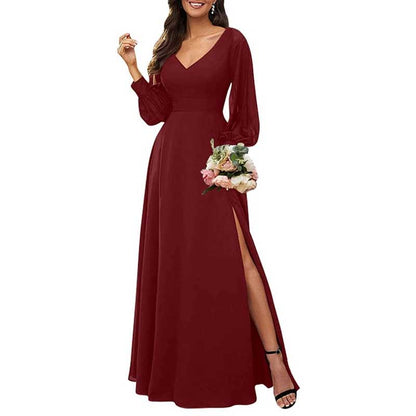 Long Bridesmaid Dresses Long Sleeve V Neck Wedding Guest Dresses