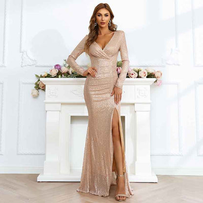 V-Neck Gold Prom Dress High Split Long Evening Dress