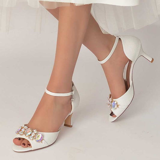 Rhinestone Sandals Glitter Ankle Strap Low Heels Dress Shoes