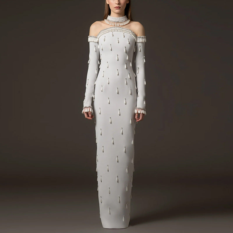 Maxi Dresses High Collar Beads Embroidered Prom Gown With Sleeves