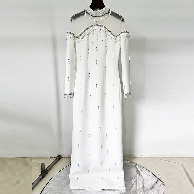 Maxi Dresses High Collar Beads Embroidered Prom Gown With Sleeves