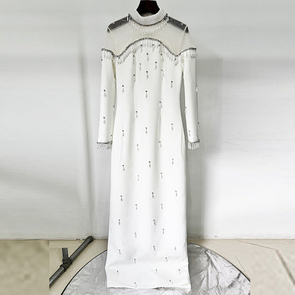 Maxi Dresses High Collar Beads Embroidered Prom Gown With Sleeves