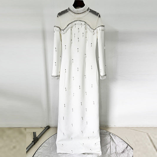 Maxi Dresses High Collar Beads Embroidered Prom Gown With Sleeves
