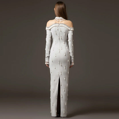 Maxi Dresses High Collar Beads Embroidered Prom Gown With Sleeves