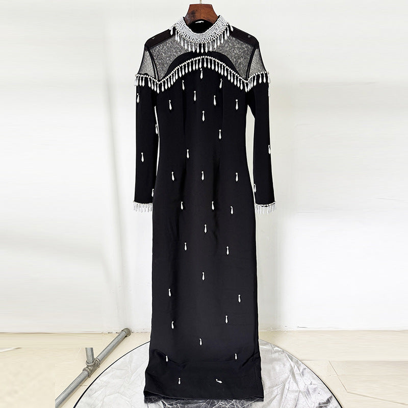 Maxi Dresses High Collar Beads Embroidered Prom Gown With Sleeves