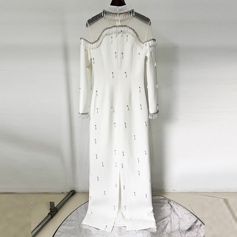 Maxi Dresses High Collar Beads Embroidered Prom Gown With Sleeves