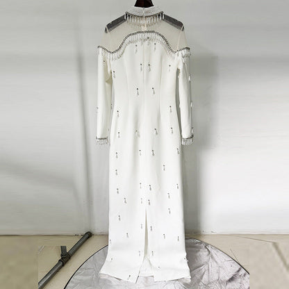 Maxi Dresses High Collar Beads Embroidered Prom Gown With Sleeves