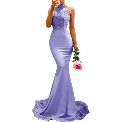 Halter-Neck Mermaid Bridesmaid Dress Satin Porm Dress Ball Gown