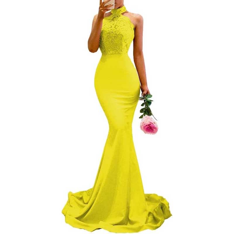 Halter-Neck Mermaid Bridesmaid Dress Satin Porm Dress Ball Gown