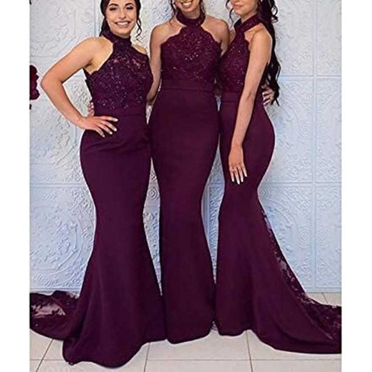 Halter-Neck Mermaid Bridesmaid Dress Satin Porm Dress Ball Gown
