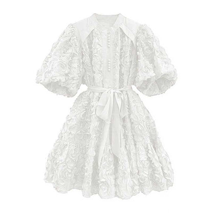 Puff Sleeve Flower Embellished Lace-Up Mini Dress