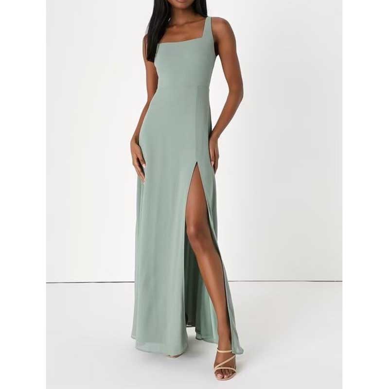 Elegant chiffon bridesmaid dress with high split in soft green featuring square neckline and sleeveless design