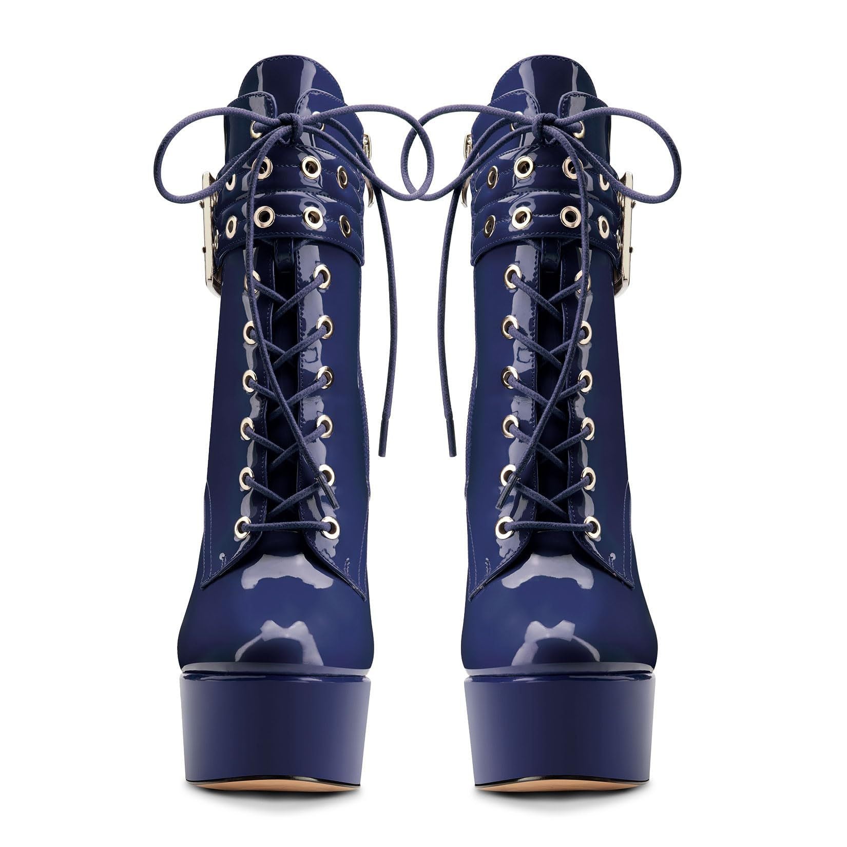 Glossy navy blue platform ankle boots with front laces and metal eyelets