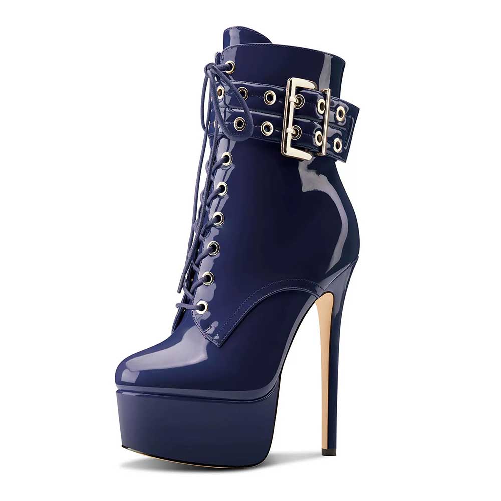 Navy blue platform ankle boots with high stiletto heel, lace-up front, and buckle strap detail
