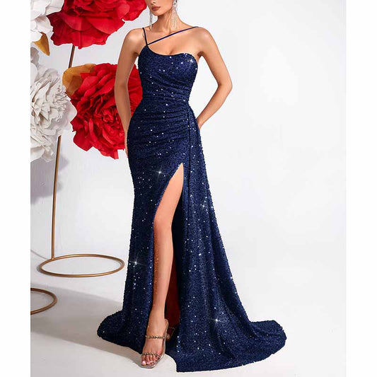Sparkly One Shoulder Split Maxi Dress –  Sequin Bodycon Gown for Party & Gala