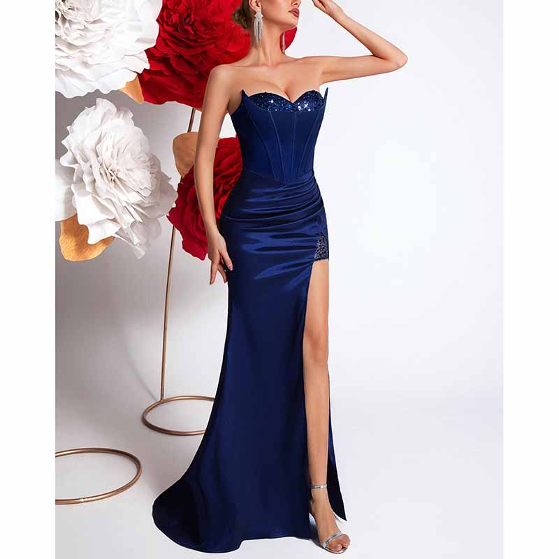 Navy Blue Corset Prom Dress With Split Sweetheart Formal Wear Gown