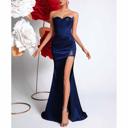 Navy Blue Corset Prom Dress With Split Sweetheart Formal Wear Gown