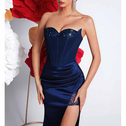 Navy Blue Corset Prom Dress With Split Sweetheart Formal Wear Gown