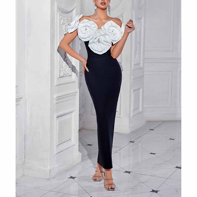 Flower Applique Bodycon Midi Dress – Off The Shoulder Night-Out Dress