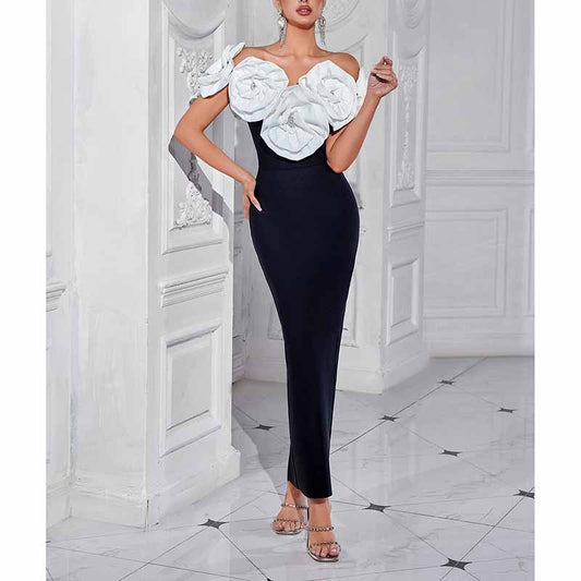 Flower Applique Bodycon Midi Dress – Off The Shoulder Night-Out Dress
