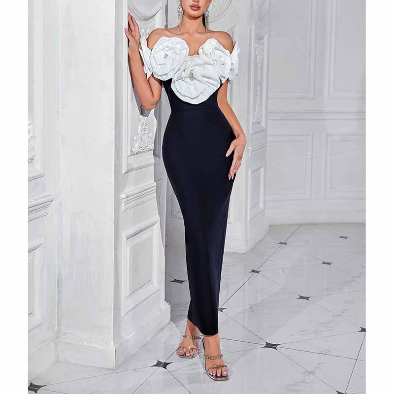 Flower Applique Bodycon Midi Dress – Off The Shoulder Night-Out Dress
