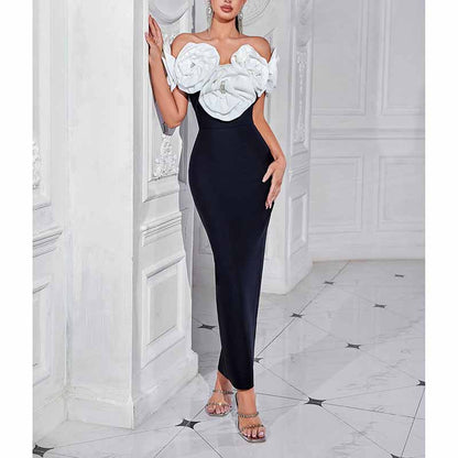 Flower Applique Bodycon Midi Dress – Off The Shoulder Night-Out Dress