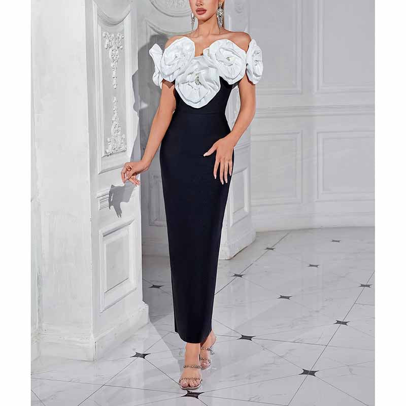 Flower Applique Bodycon Midi Dress – Off The Shoulder Night-Out Dress