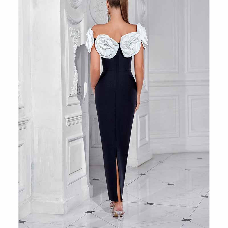 Flower Applique Bodycon Midi Dress – Off The Shoulder Night-Out Dress