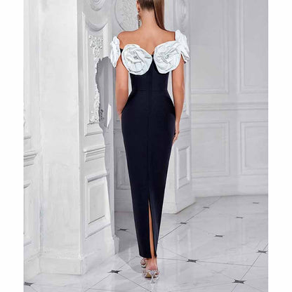Flower Applique Bodycon Midi Dress – Off The Shoulder Night-Out Dress