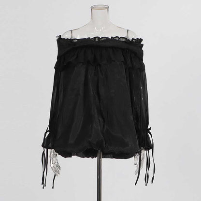 Long Ruffle Sleeves Lace-Up Tulle Shirt Formal Top