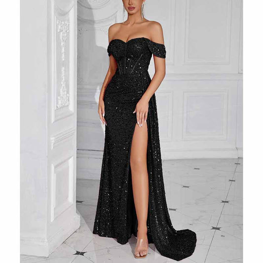 Off Shoulder Long Evening Dress Ruch Sequin High Split Prom Dresses