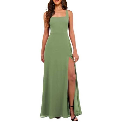 Green chiffon bridesmaid dress with high split featuring sleeveless square neckline and floor length design