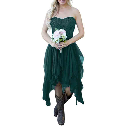 Country High Low Bridesmaid Dress Chiffon Lace Wedding Guest Outfit