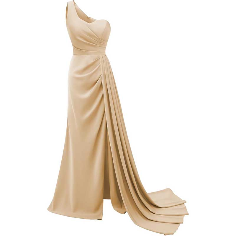Elegant beige one shoulder bridesmaid dress with draped bodice and flowing train for formal events