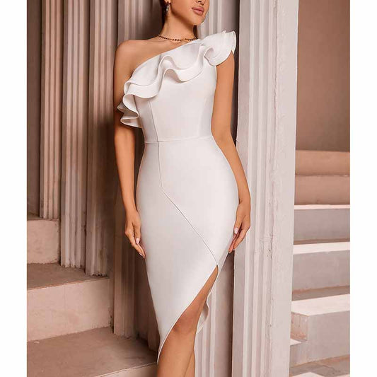 One Shoulder Bodycon Dress with Ruffled Edge – Slim Fit Evening Party Dress
