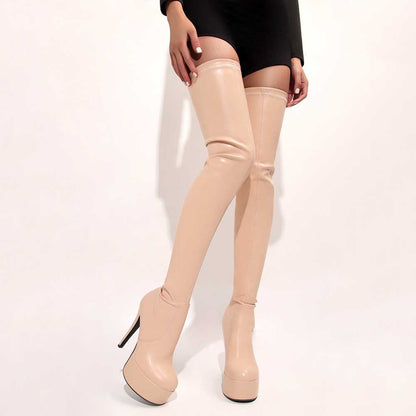 Beige overknee stiletto boots for women with high platform heels worn with a black dress