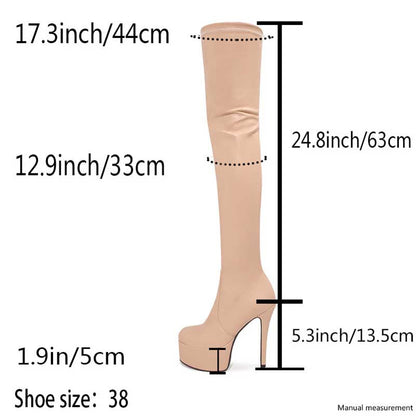Beige overknee stiletto boots for women with platform heel and detailed measurements