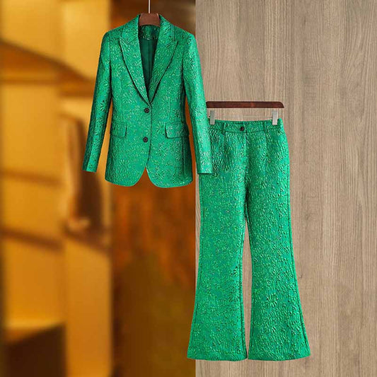 3D Embroidered Pantsuit Formal Stage Performance Event Suit Green