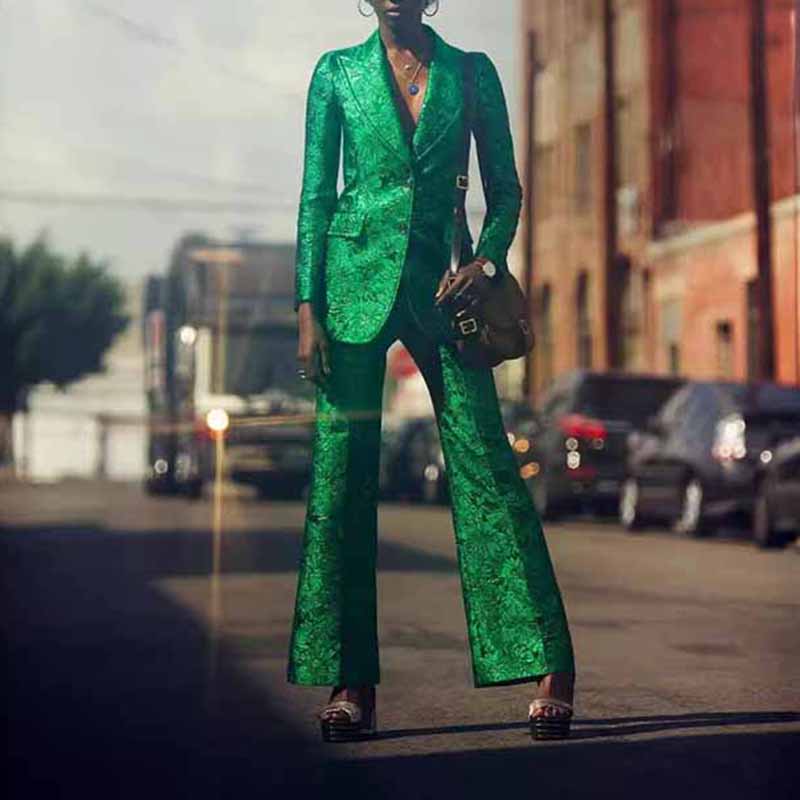 3D Embroidered Pantsuit Formal Stage Performance Event Suit Green