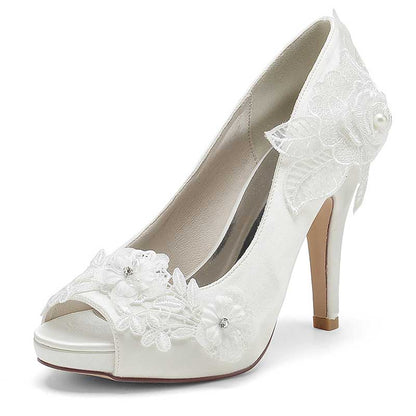 3.94" Lace Bridal Heels Platform Peep Toe Pumps Dress Shoes
